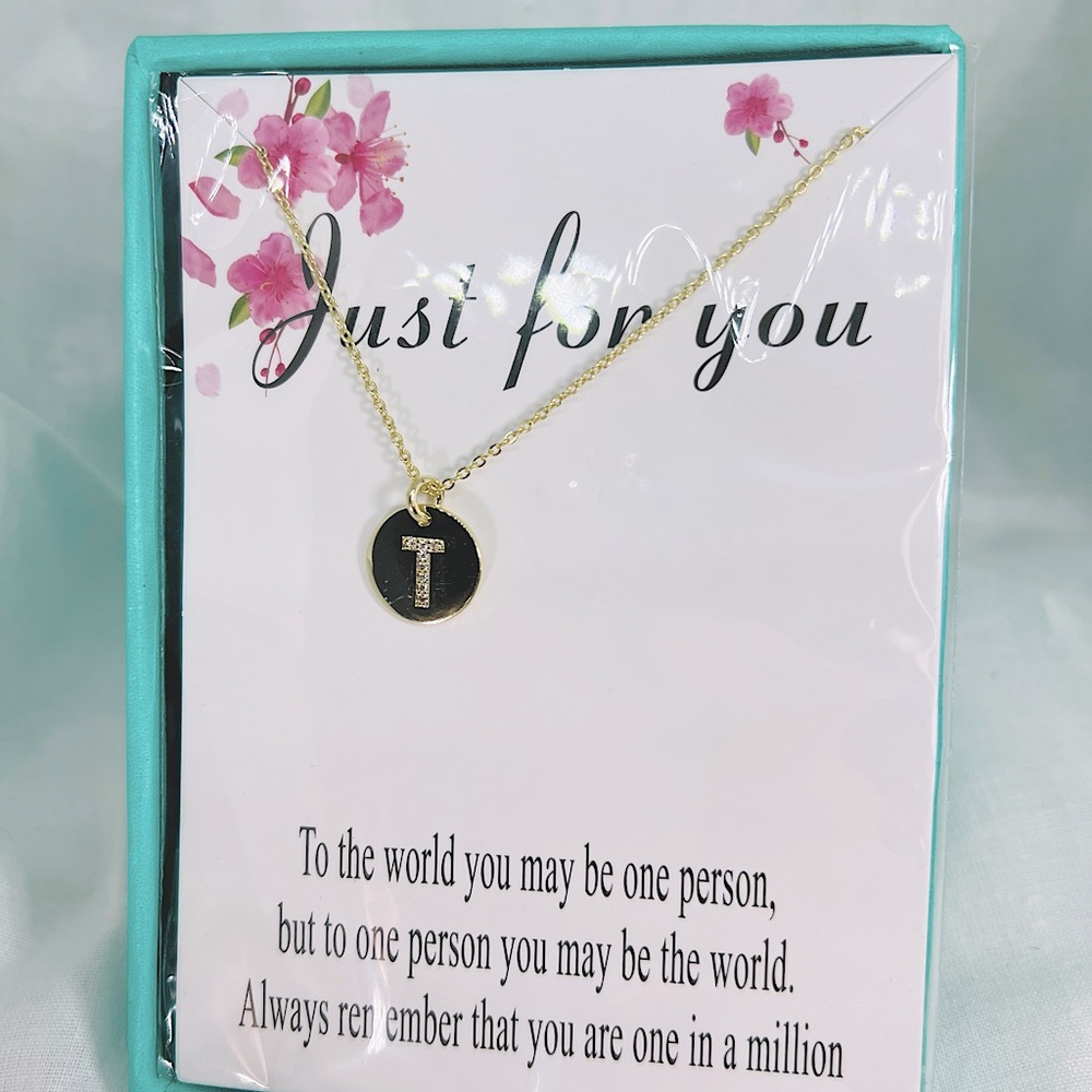 Golden T Initial CZ Minimalist Round Tiny Pendant Necklace Twee Preppy